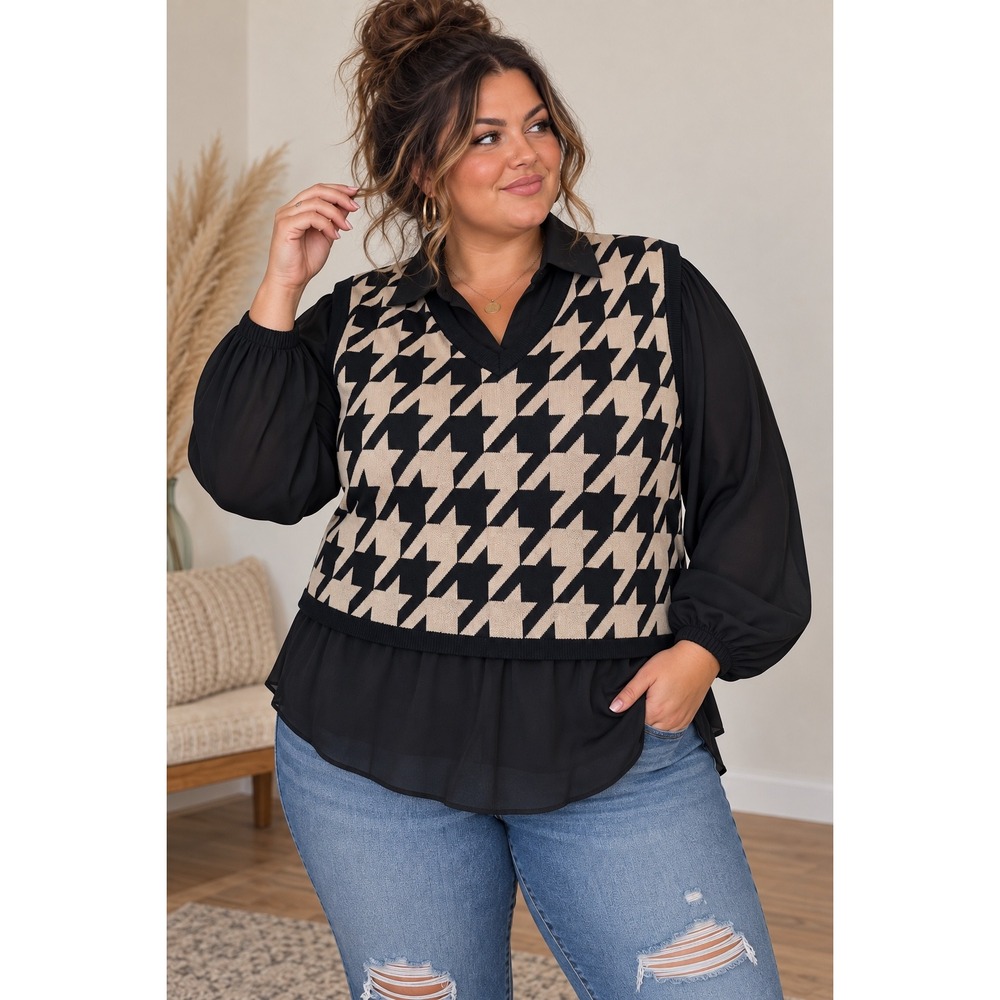 Bellini Houndstooth Mixed Media Layered Sweater Vest Blouse Top Black Tan XL